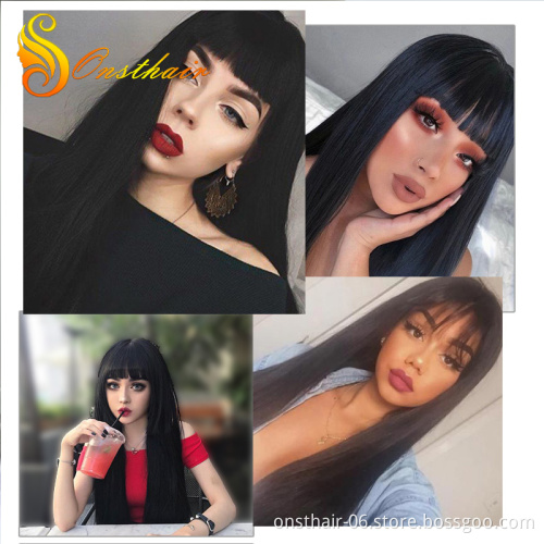 ONST Long Straight Synthetic Wig with Bangs for White /Black Women Nature Black Wigs Cosplay Female Hair Wig